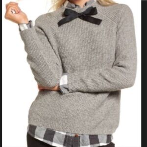 J. Crew Gayle Black Ribbon Tie Neck Ribbed Grey Preppy Sweater, Size small